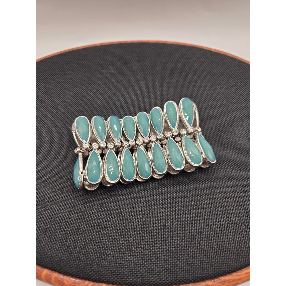 Teal Blue Teardrop Stretch Cuff Bracelet Silver Tone Rhinestone Accent